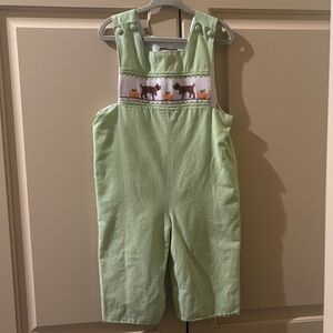 Shrimp and Grits Size 18mnths Overalls with smocked dogs and pumpkins